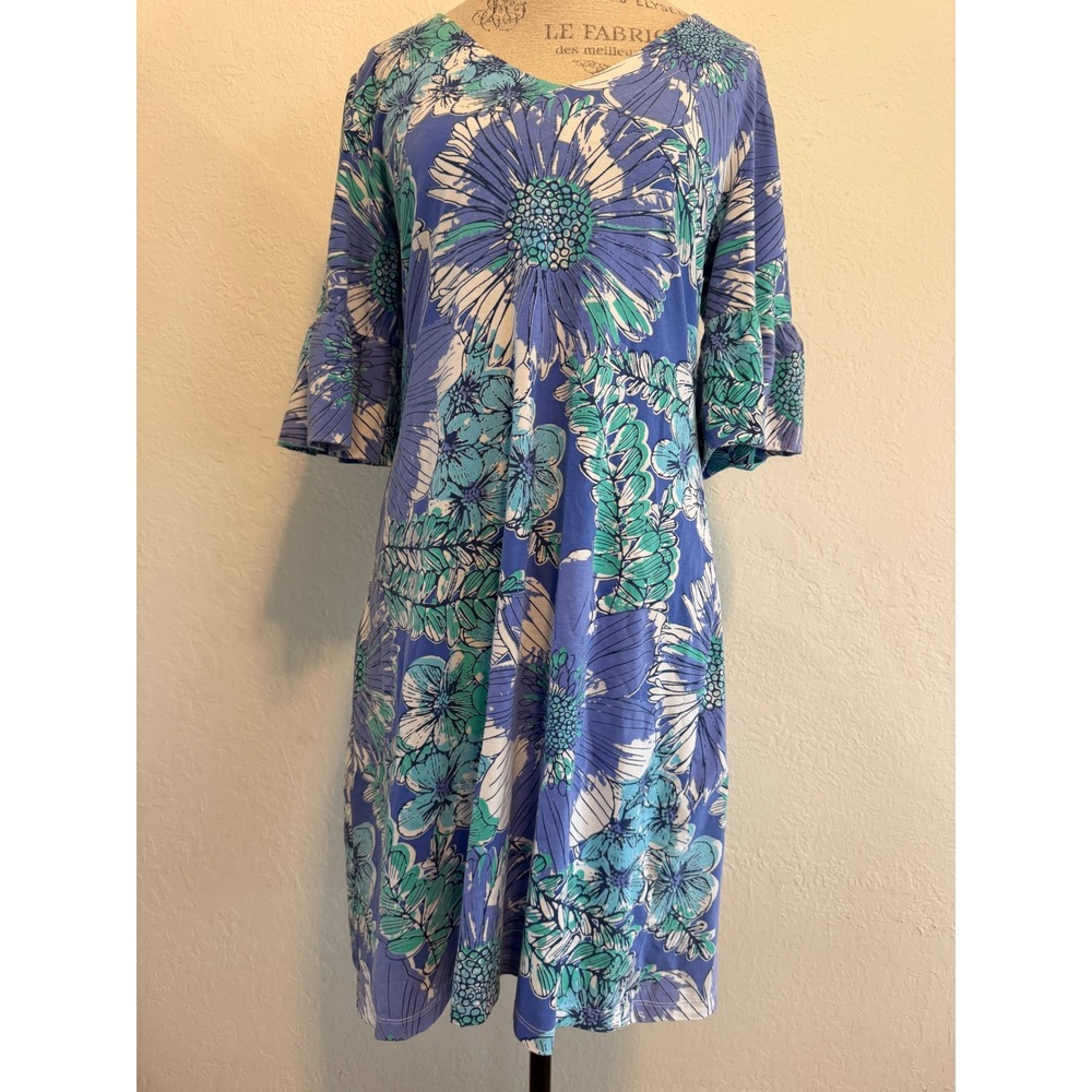 Barbara Erickson Floral V-Neck Bell Sleeve Shift Dress Blue Teal Large